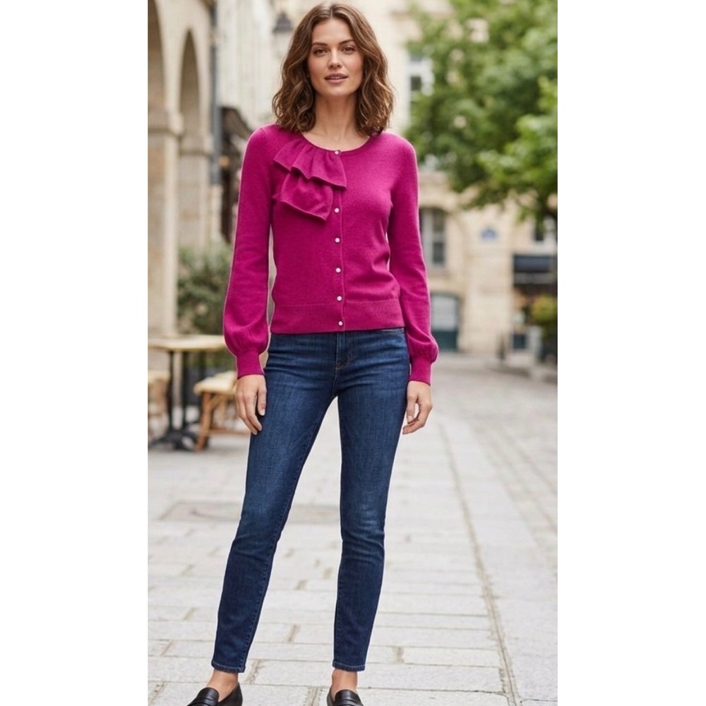Ann Taylor Cashmere Ruffle Cardigan Pearl Button Magenta Pink Womens XS
